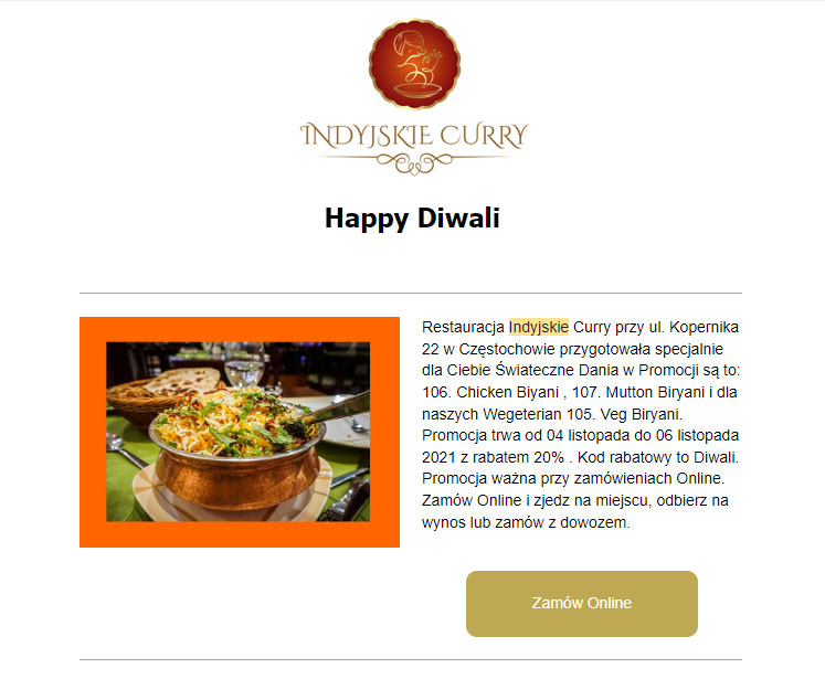Mail okazjonalny od hinduskiej restauracji