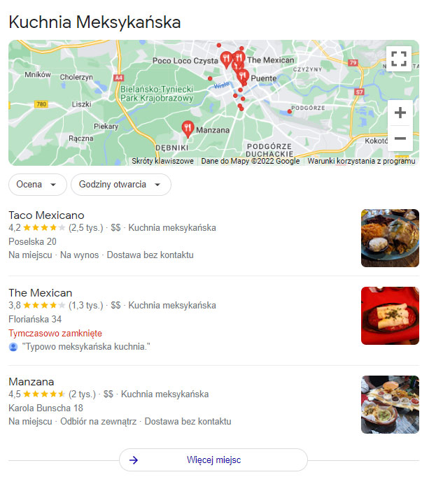 Dzięki wizytówce w Google Moja Firma, informacja o Twojej restauracji może wyświetlać się w ten sposób.