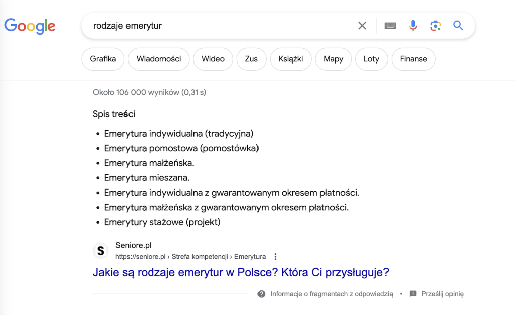 Strona Seniore prezentowana w formie "Fragmentów z odpowiedzią" w wyszukiwarce Google.
